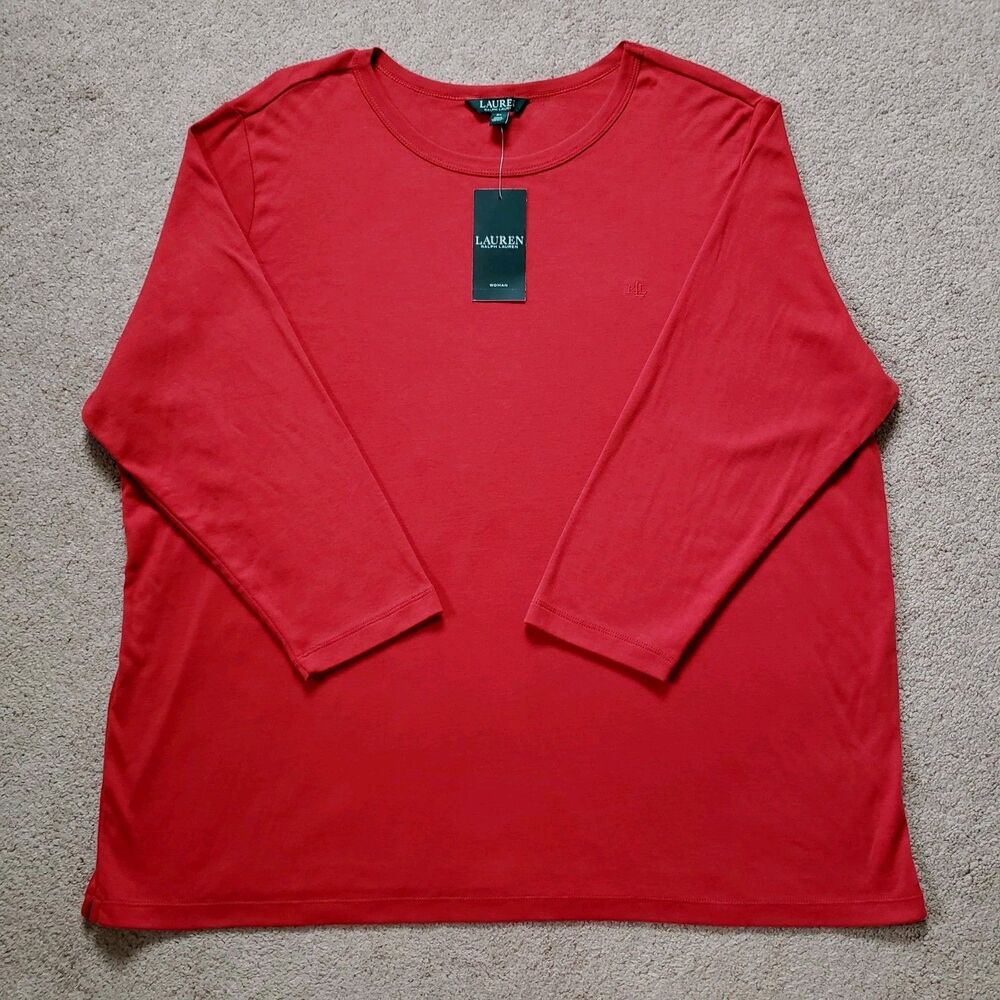 Nwt Lauren Ralph Lauren Long Sleeves Classic Cotton Top Scoop Neck Solid Red 3X